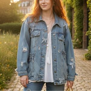 Free People X The Series NY Custom Bow Embellished Distressed Denim Jacket XL